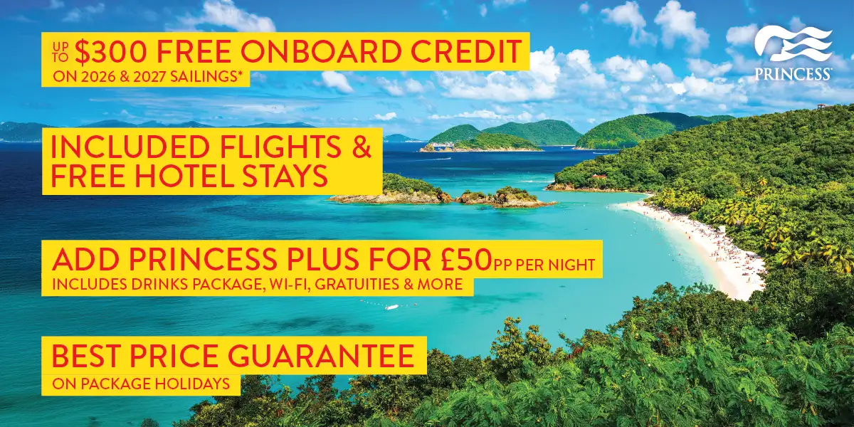 Tropical beach scene with cruise offer text: free onboard credit, included flights, hotel stays, and package details.