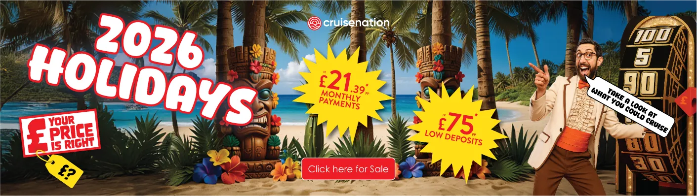 Deal nerd in fancy suit saying "take a look at what you could cruise" with a gameshow wheel behind him and a tiki beach background. £21.39 per person monthly payments, £75 per person low deposits