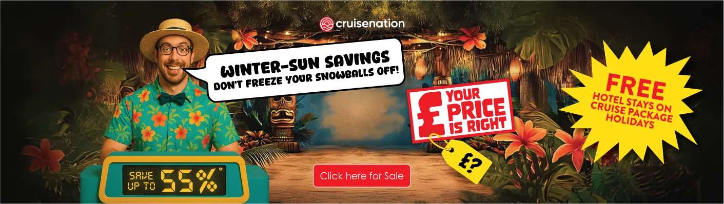 Deal nerd in Hawaiian shirt saying "Winter-sun savings, don't freeze your snowballs off" save up to 55%, tiki background and free hotel stays on cruise package holidays