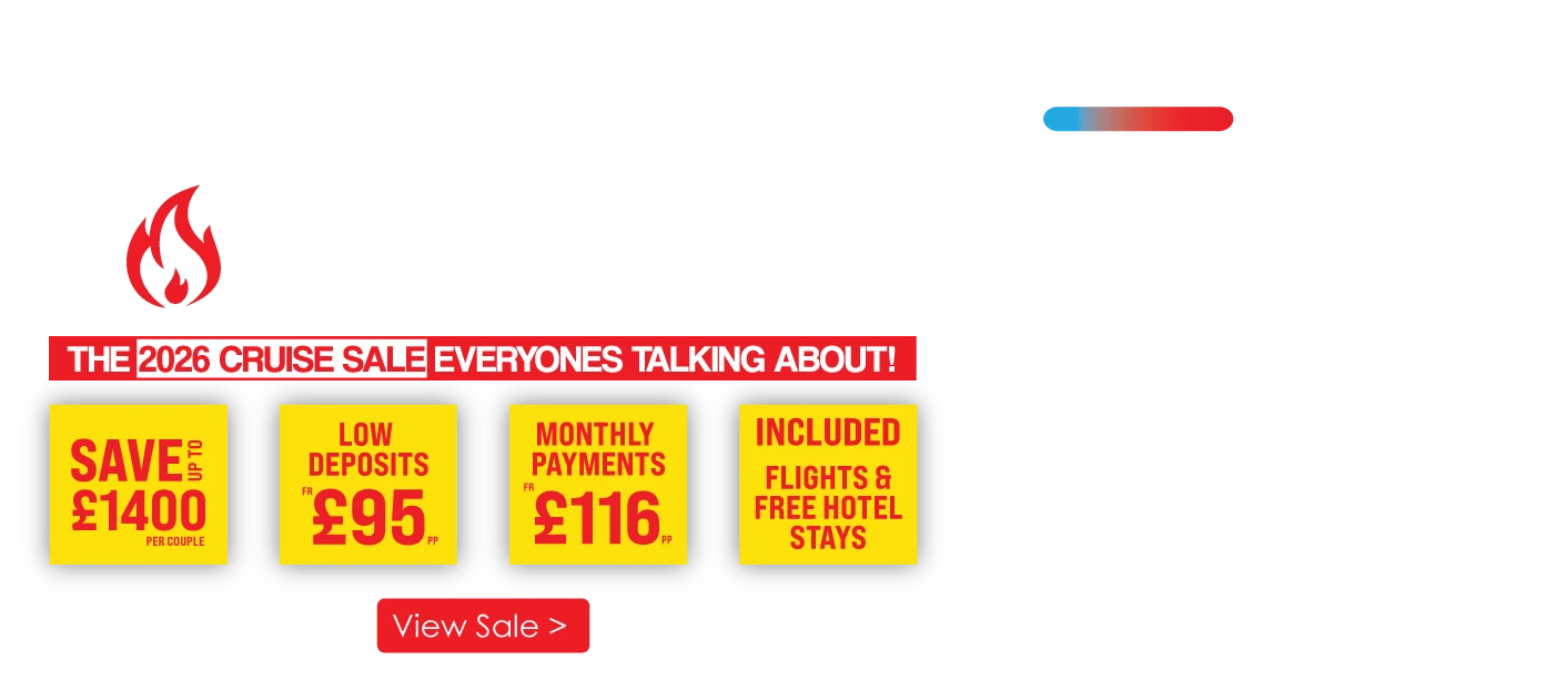 Promotional image for Caribbean 2026 cruise deals, highlighting savings, low deposits, monthly payments, and included flights and hotel stays.