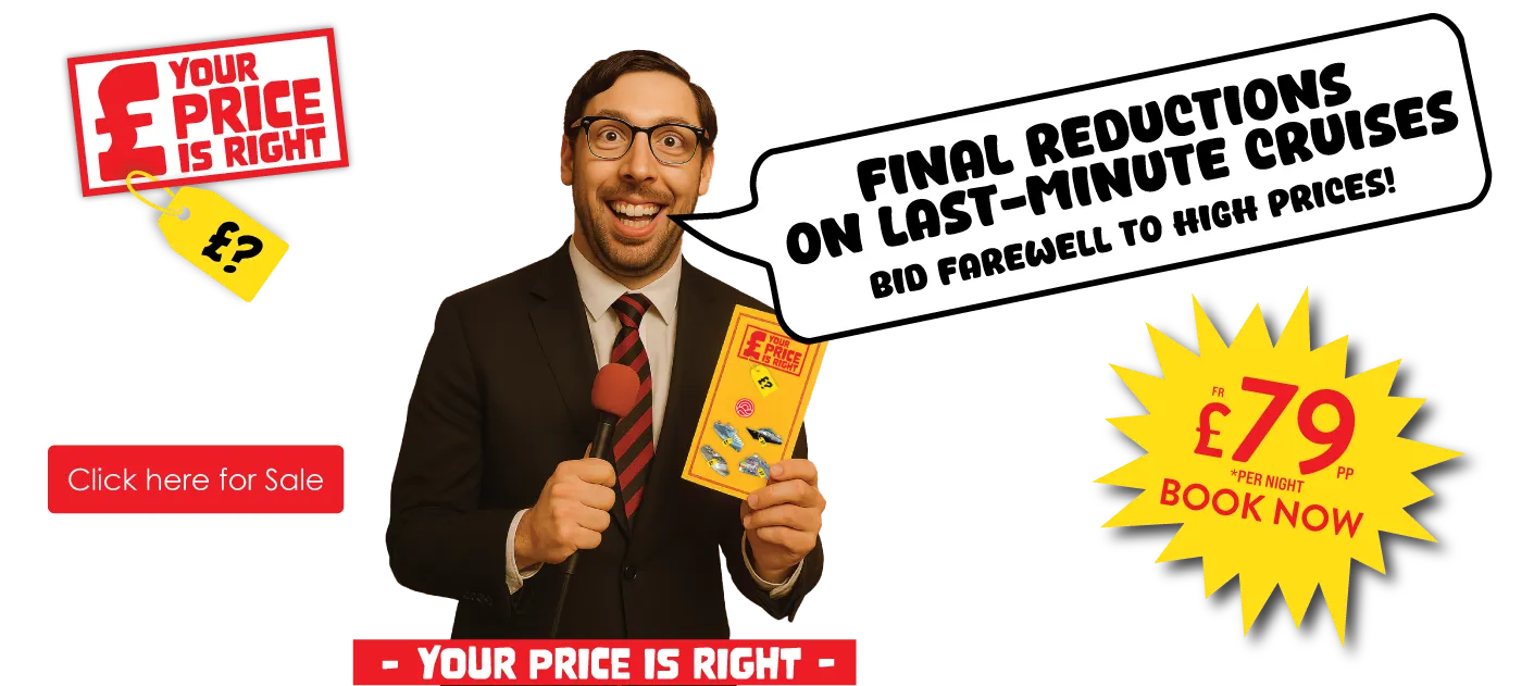 Deal nerd in black suit holding a mystery ticket saying "final reductions on last-minute, bid farewell to high prices" book now from £79 per person per night