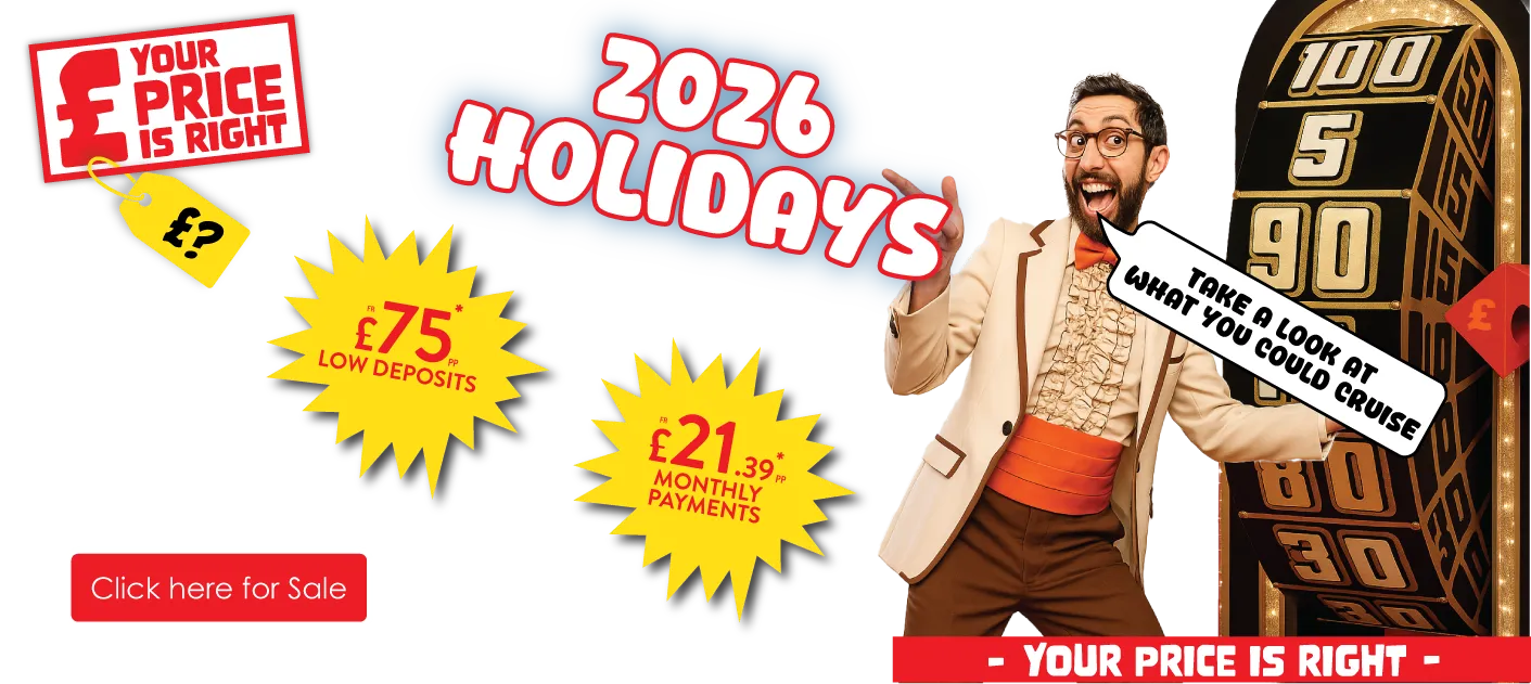 deal nerd in fancy suit saying "take a look at what you could cruise" with a giant wheel with prices on, 2026 holidays, from £75 per person low deposits and from £21.39 per person monthly payments