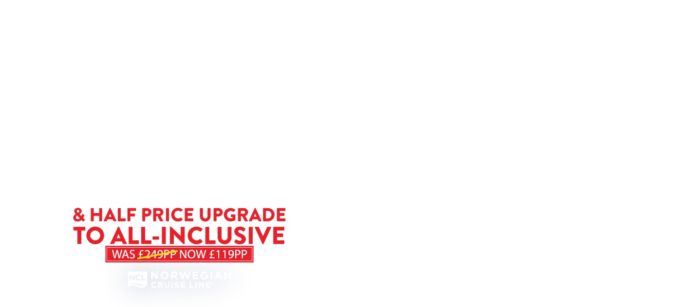 Bold text advertising up to 50% off all cruises and a half-price all-inclusive upgrade with Norwegian Cruise Line logo.