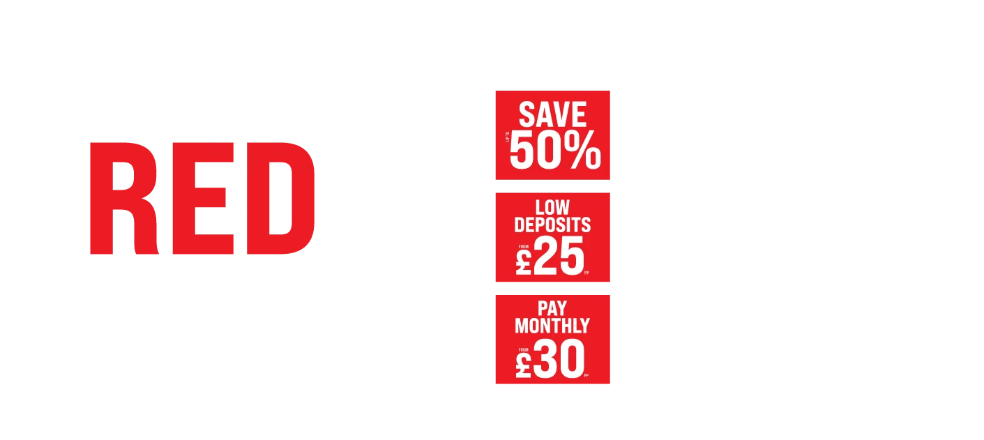 Promotional graphic with bold text reading: ‘The secret’s out… Red is the new Black.’ Large red word ‘RED’ and large white word ‘BLACK.’ To the right are three red boxes with white text: ‘Save up to 50%,’ ‘Low deposits from £25 pp,’ and ‘Pay monthly from £30 pp.’ Black background