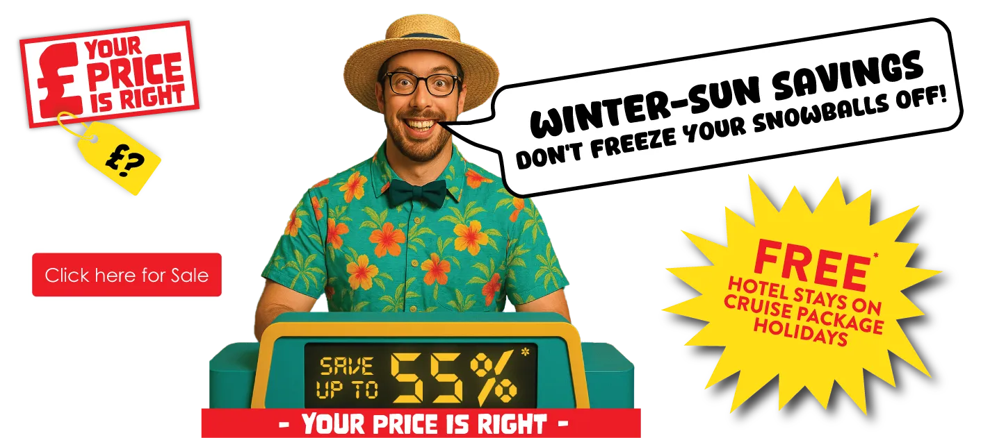 Deal nerd in summer hat & Hawaiian shirt saying "winter-sun savings, don't freeze your snowballs off!", free hotel stays and save up to 55%