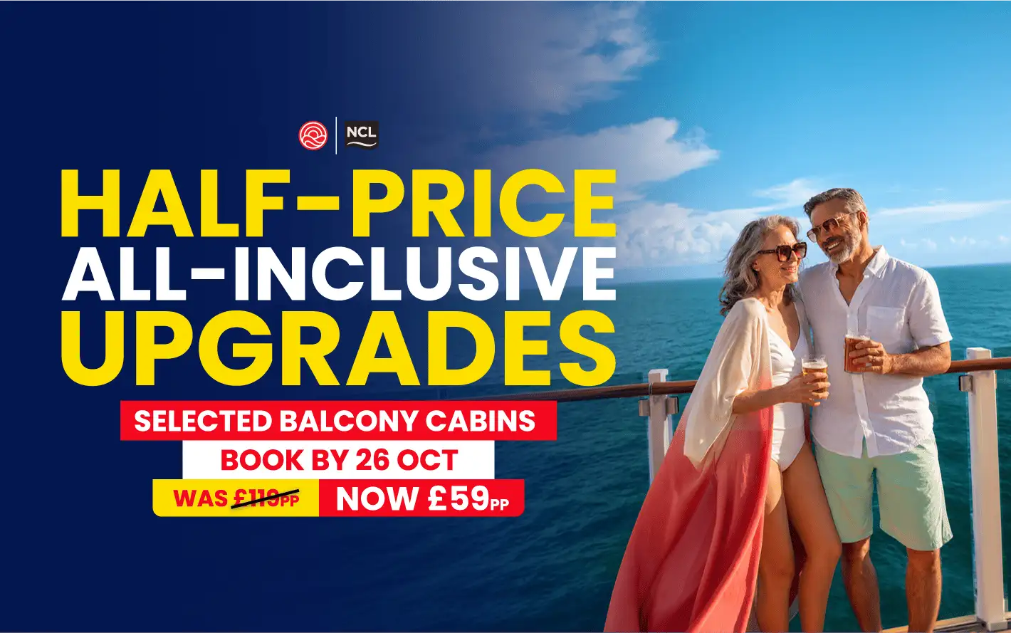 Couple enjoying drinks on a cruise ship balcony, with a promotional text for half-price all-inclusive upgrades for selected balcony cabins.