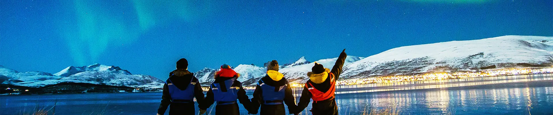 A Group of People holding hands looking at the Northern Lights