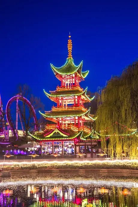 Tivoli Gardens in Copenhagen, Denmark at night