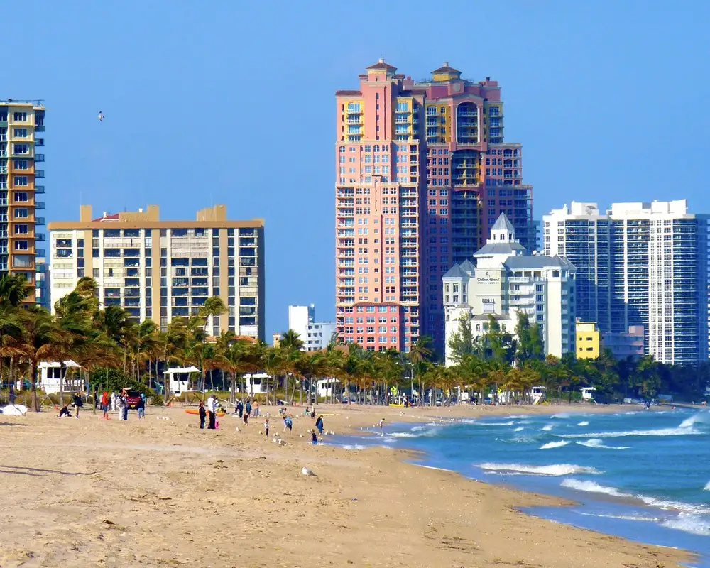 A view of a Fort Lauderdale Beach and the Skyline behind it