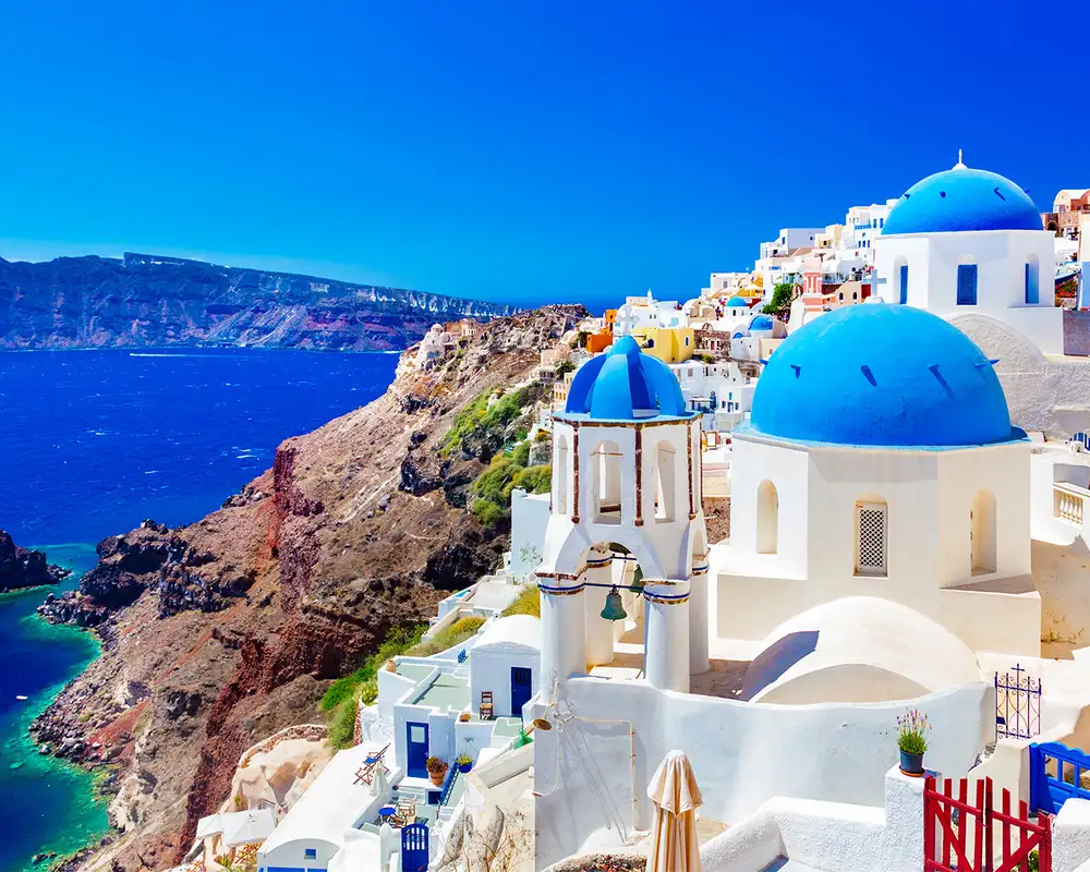 A view of the blue topped buildings of Santorini