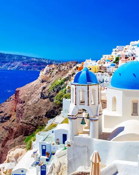 A view of the blue topped buildings of Santorini