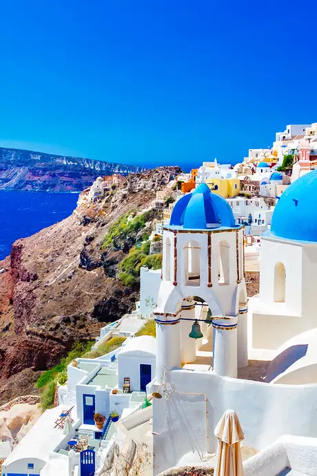 A view of the blue topped buildings of Santorini
