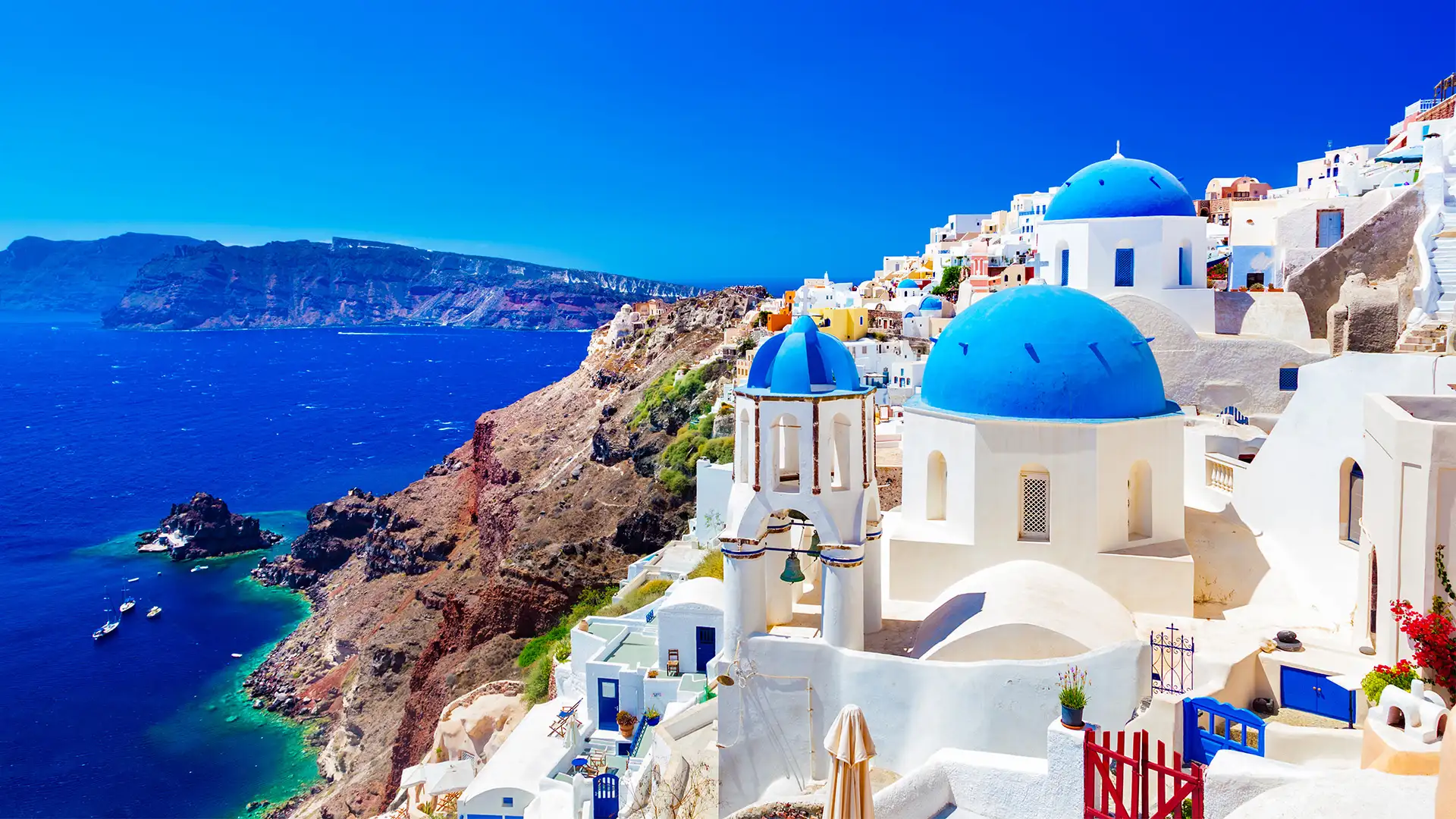 A view of the blue topped buildings of Santorini