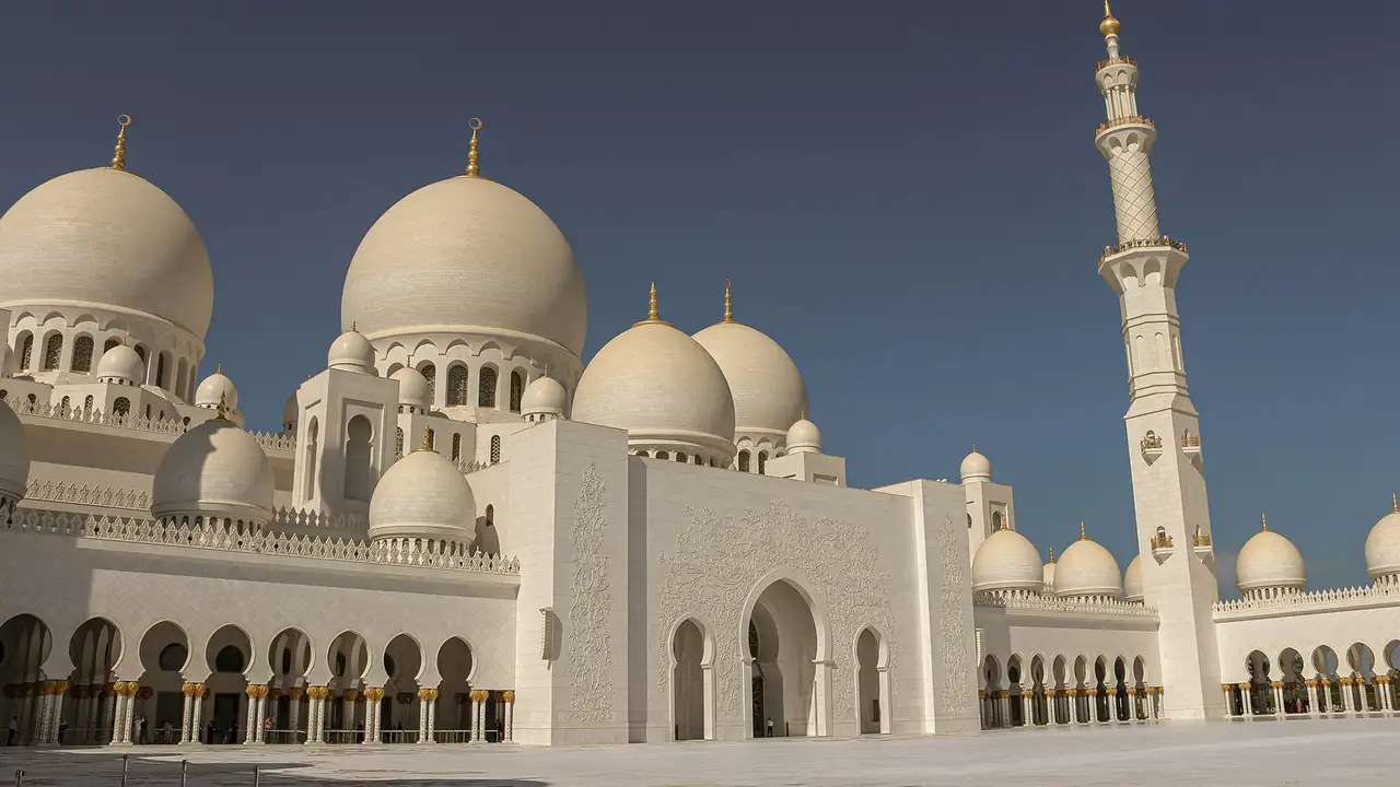 An image of the Sheikh Zayed Grand Mosque in Abu Dhabi