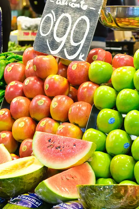 A market stall showing a range of fruit