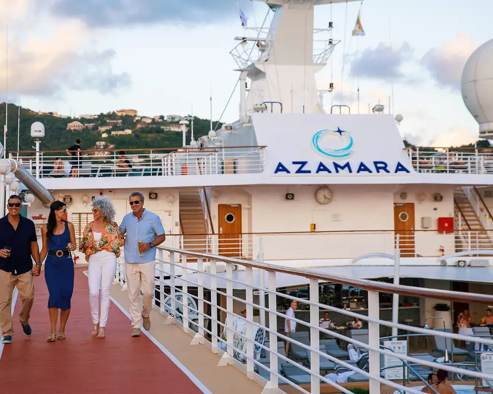 A Group of Friends walking about the deck of an Azamara Cruise Ship