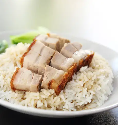 A rice dish topped with pork
