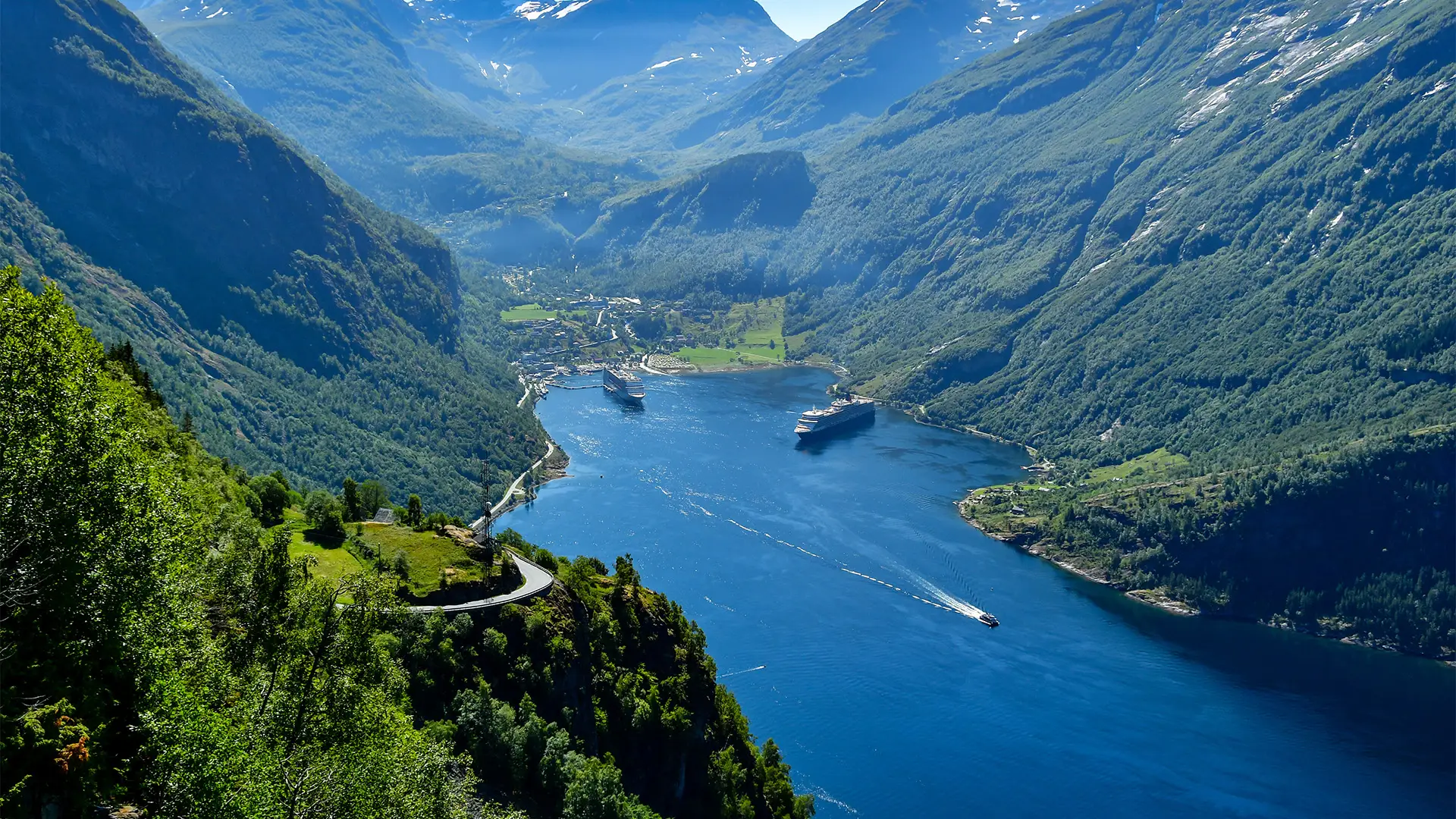 An Aerial View of Hellesylt and the surrounding Geiranger Fjord