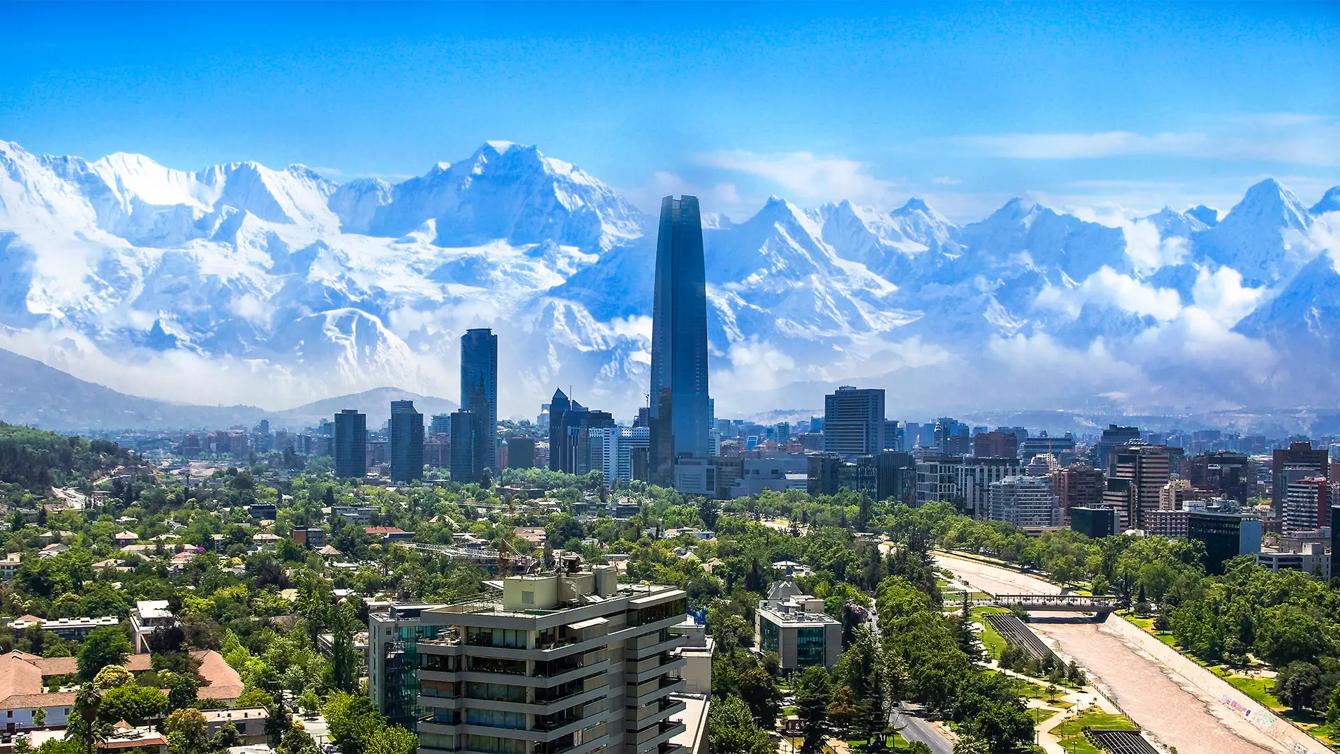 A view of Santiago, Chile with a mountain range in the background