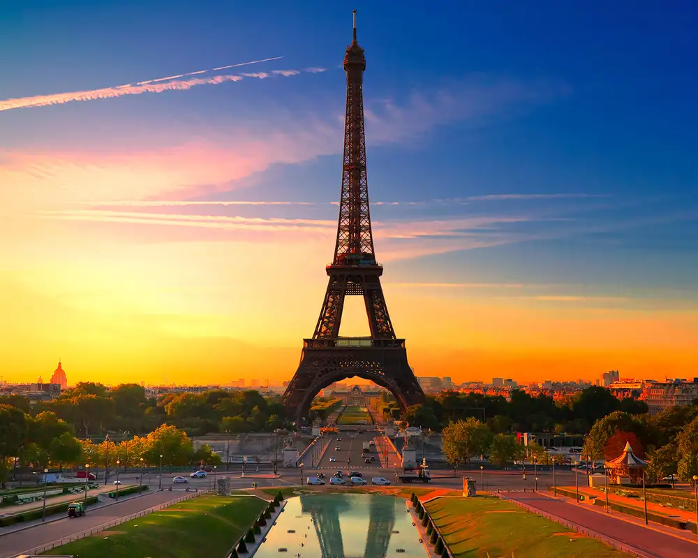 The sun rising over Paris with the Eiffel Tower in view