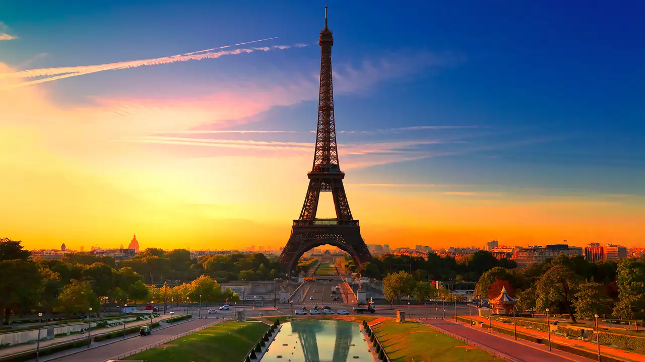 The sun rising over Paris with the Eiffel Tower in view