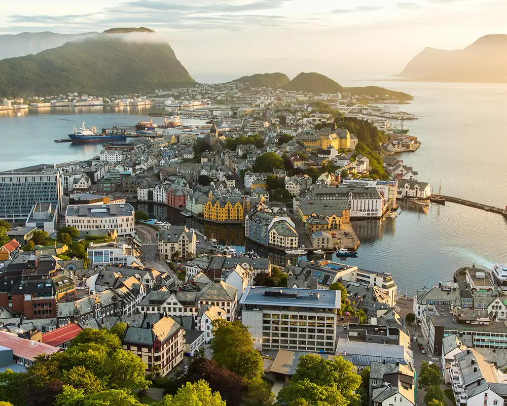 An aerial view of Alesund, Norway