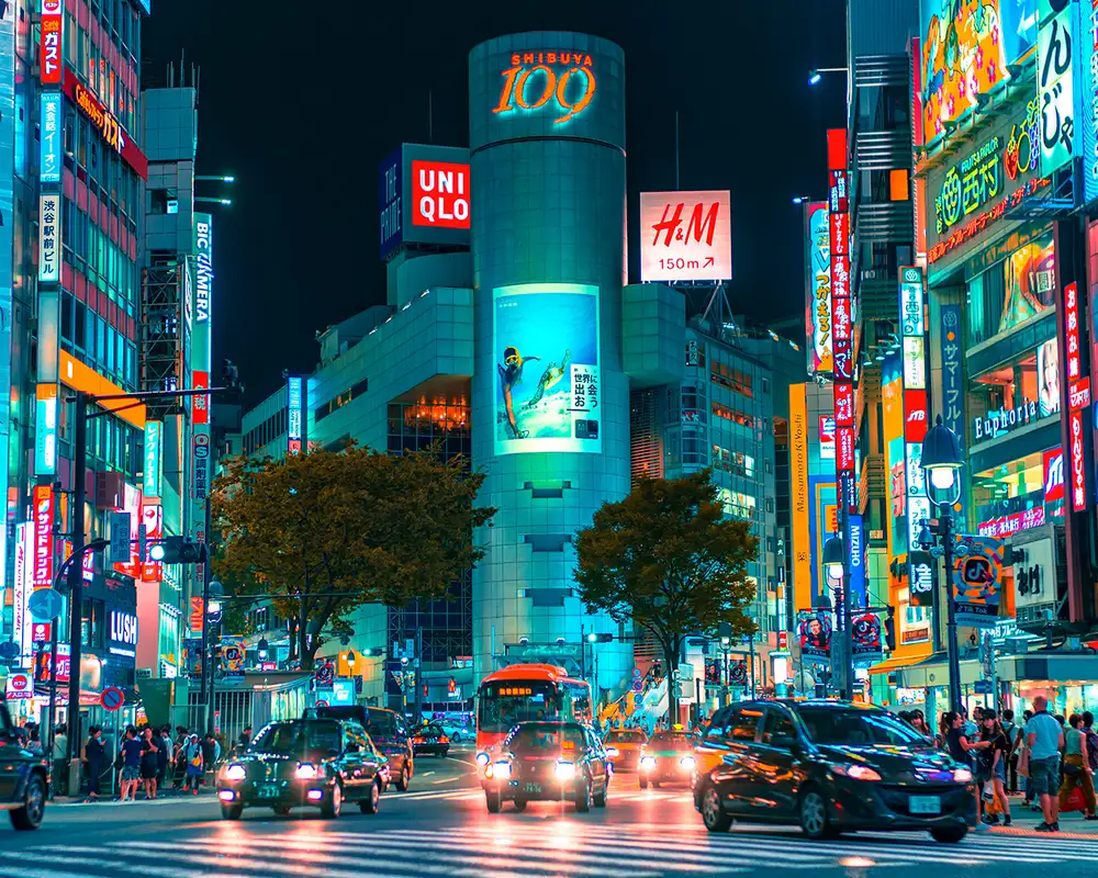 A Nighttime image of Shibuya Crossing in Japan