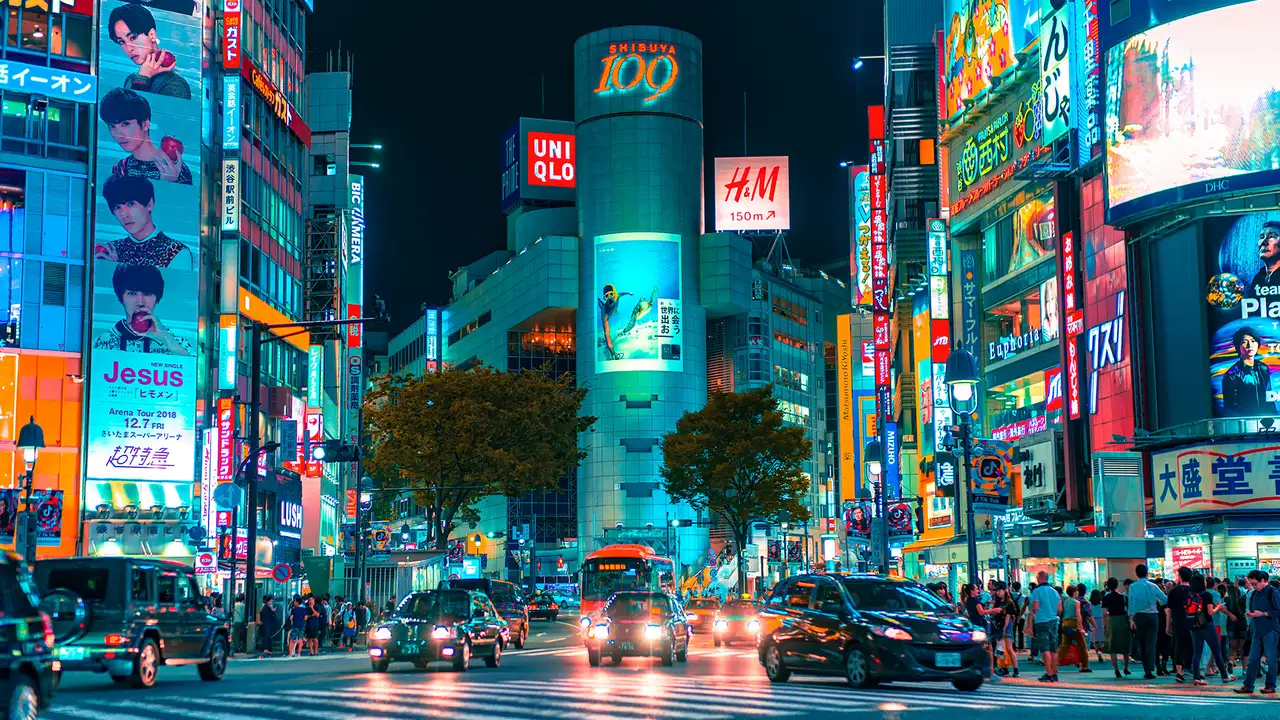 A Nighttime image of Shibuya Crossing in Japan