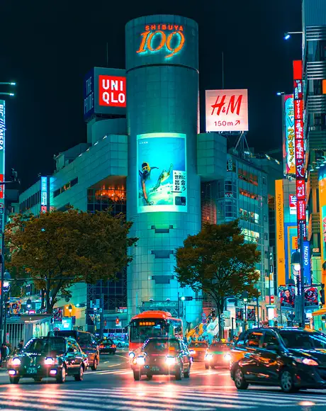 A Nighttime image of Shibuya Crossing in Japan