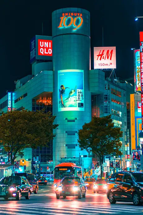 A Nighttime image of Shibuya Crossing in Japan