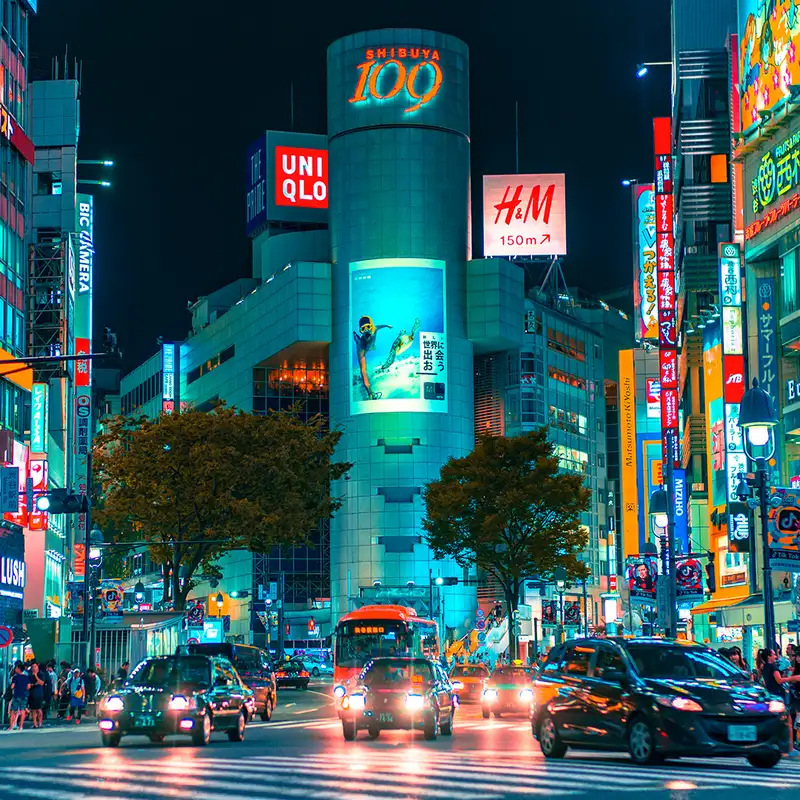 A Nighttime image of Shibuya Crossing in Japan