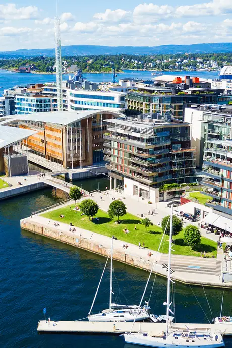 An aerial view of Oslo Harbour