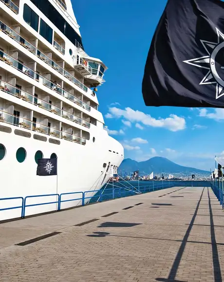An MSC Cruise ship docked with an MSC logo on a flag at the port