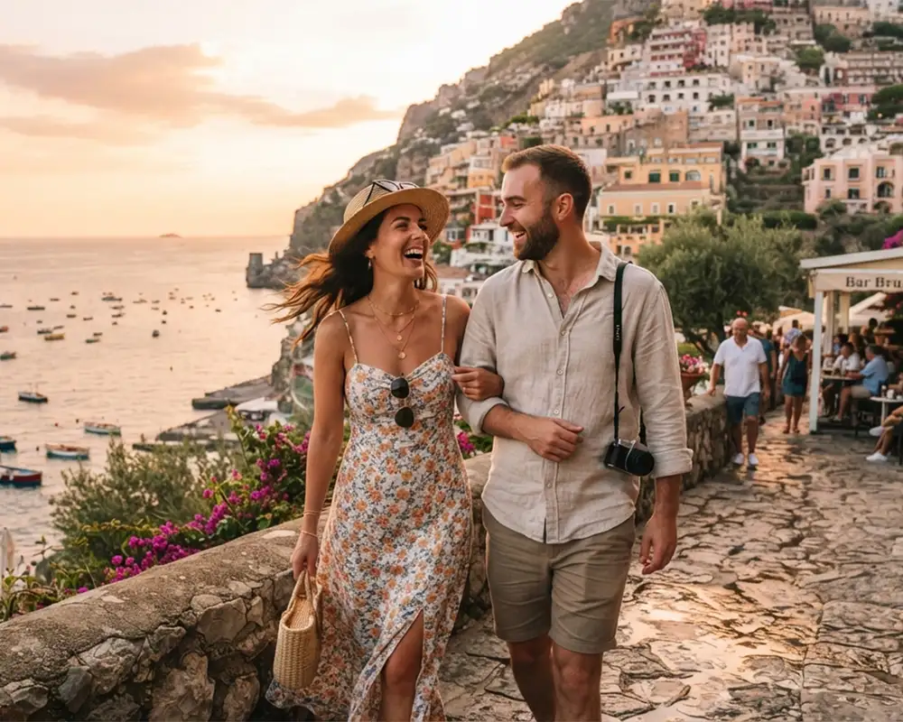 Couple walking along a scenic coastal village path at sunset, surrounded by colorful buildings, boats on water, and vibrant flowers.