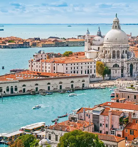 A landscape shot of the skyline of Venice