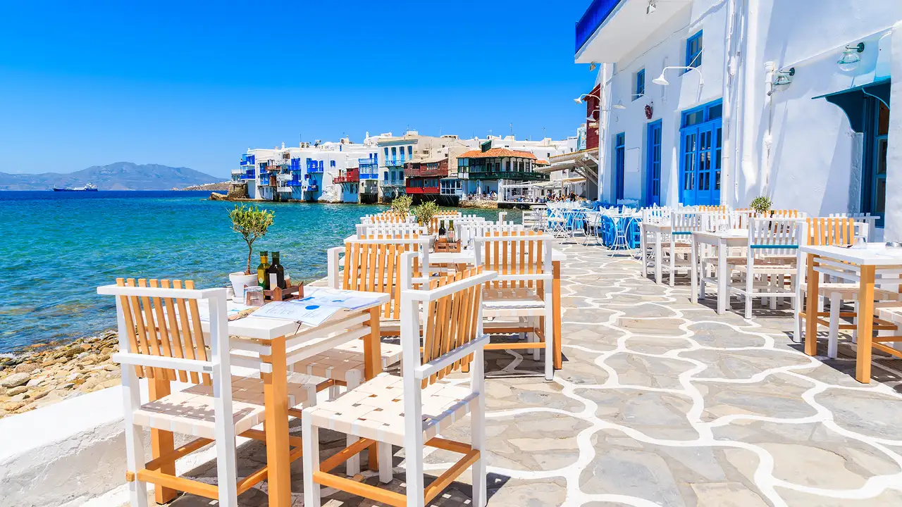 A View of Chairs near the shore in Mykonos, Greece