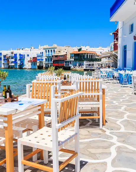 A View of Chairs near the shore in Mykonos, Greece