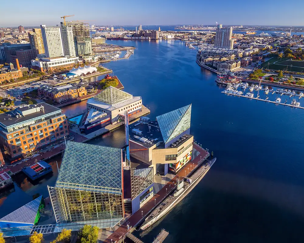 An Aerial view of a river running through Baltimore