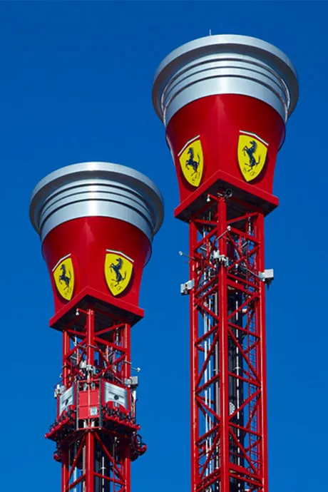 A Pair of Ferrari Branded Drop Tower Rides in Ferrari Land in Port Aventura World