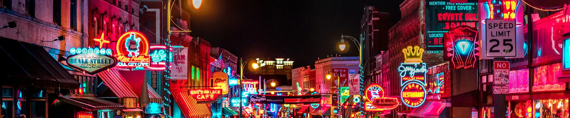 The iconic Beale Street lit up at night in Memphis