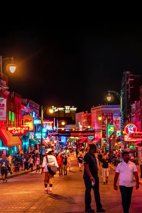 The iconic Beale Street lit up at night in Memphis