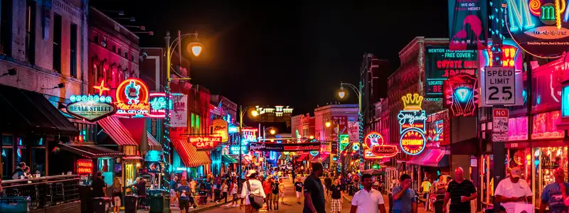The iconic Beale Street lit up at night in Memphis