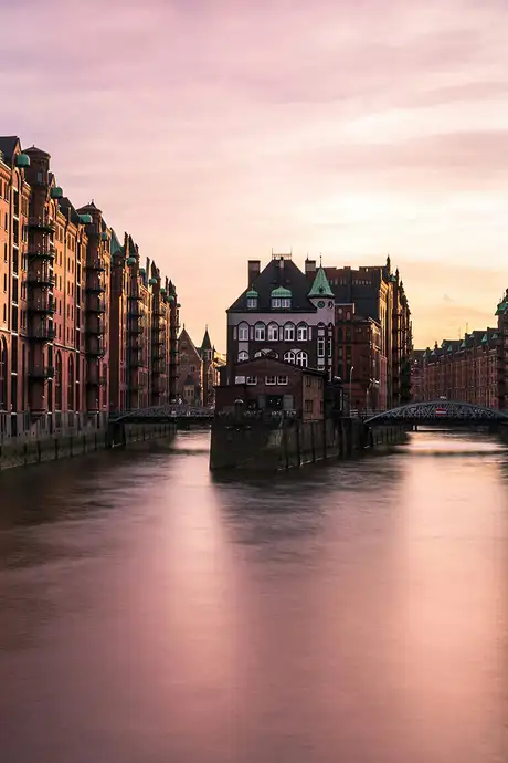 A view of the Speicherstadt district in Hamburg, Germany