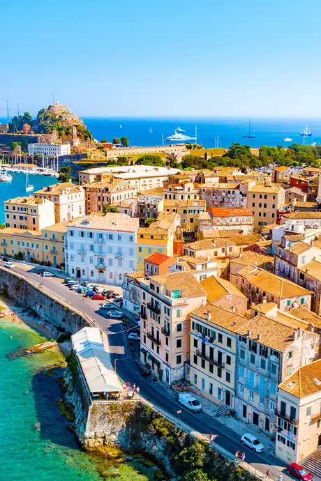 An aerial view of the Skyline of Corfu, Greece