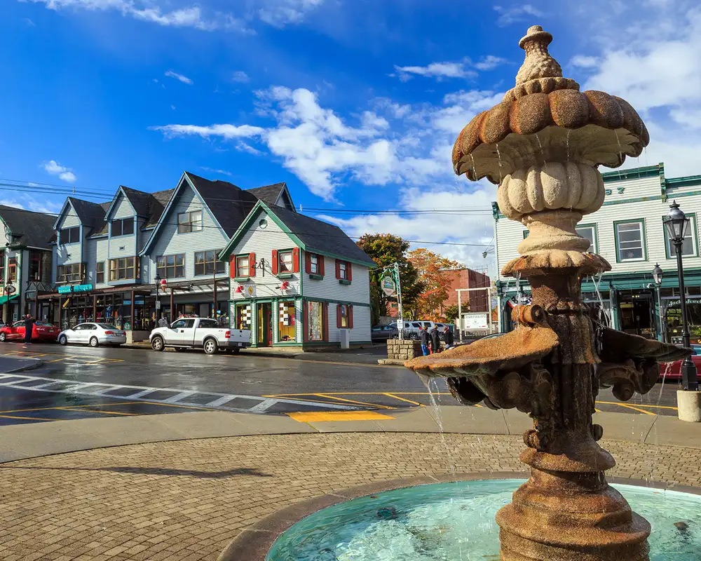 A View of a Fountain and a Street in Bar Harbor, Maine