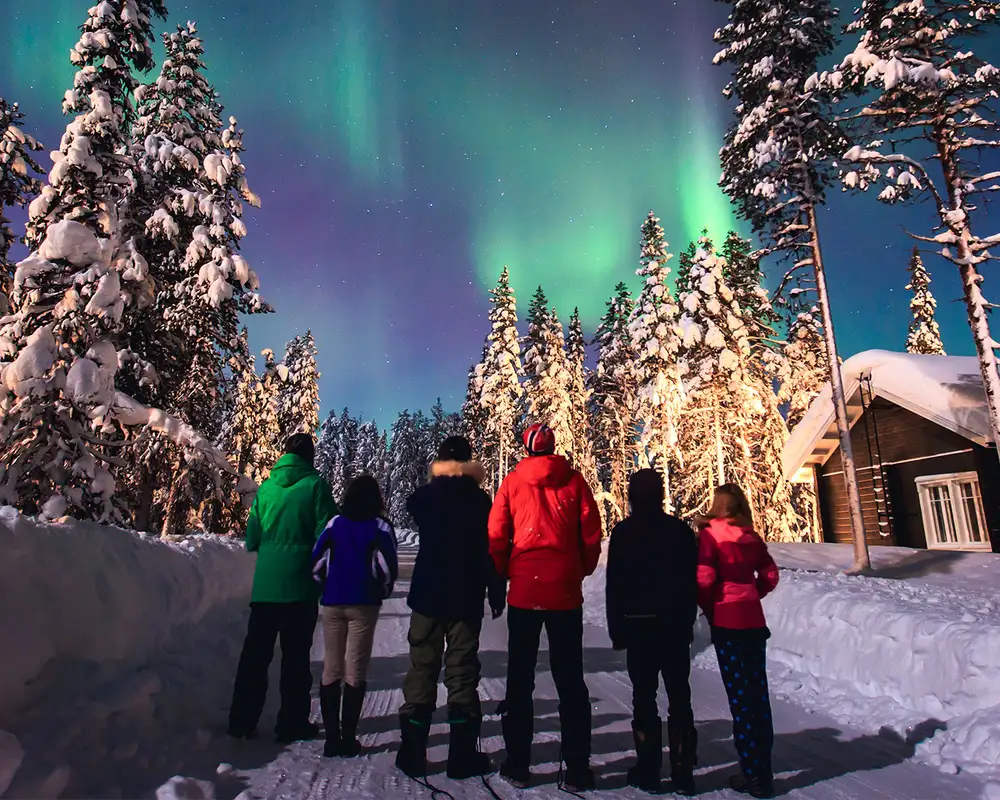 A group of friends watching the Northern Lights in a snowy forest
