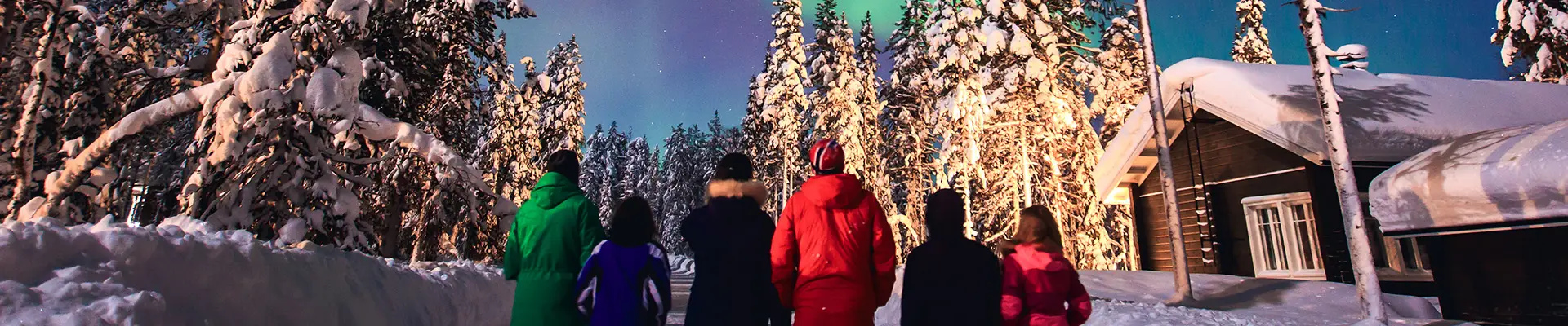 A group of friends watching the Northern Lights in a snowy forest