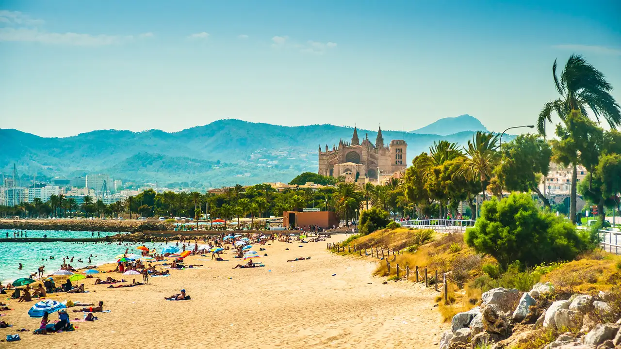 A view of tourists on a sunny beach in Palma with a cathedral and mountains in the distance