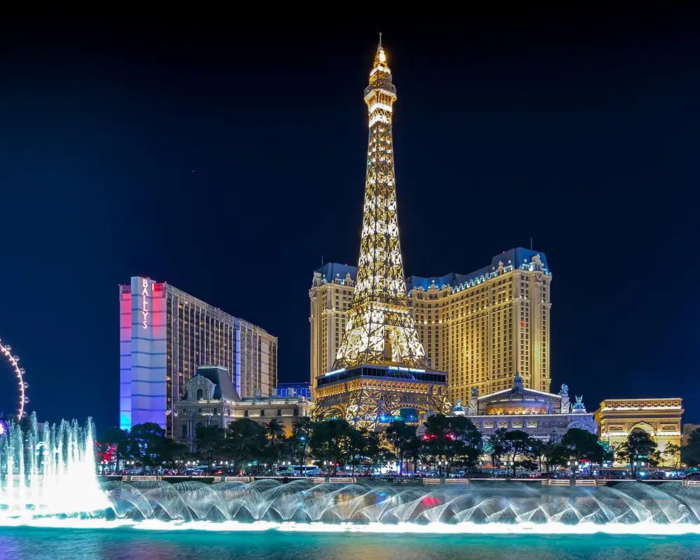 A view of the Eifel Tower Replica and the surrounding Hotels in Las Vegas