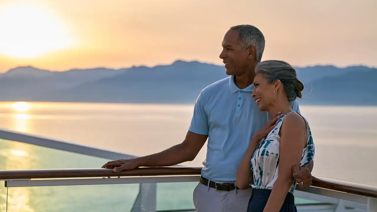 A smiling couple embraces on a ship's deck at sunset, with mountains and calm water in the background.